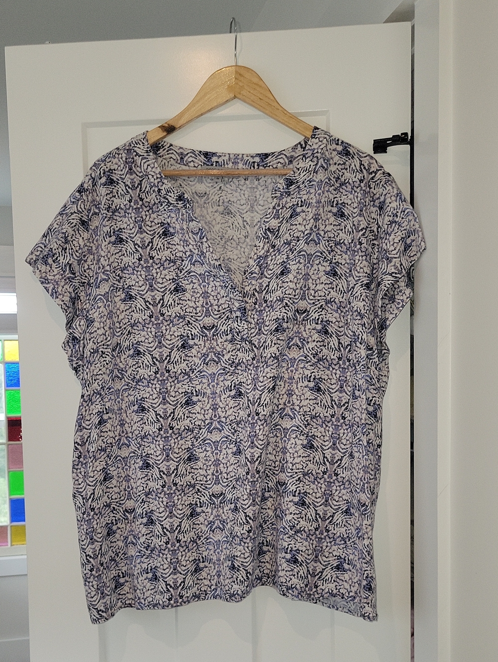 Blue Linen Blend Patterned V-Neck Women's Blouse